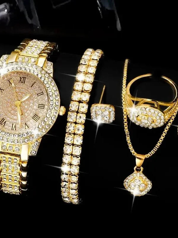 6 Pack Women's Watches Luxury Elegant Alloy Watches Women Crystal Watch Gift Quartz Watch Alloy Rhinestone Bracelet Montre - Yellow