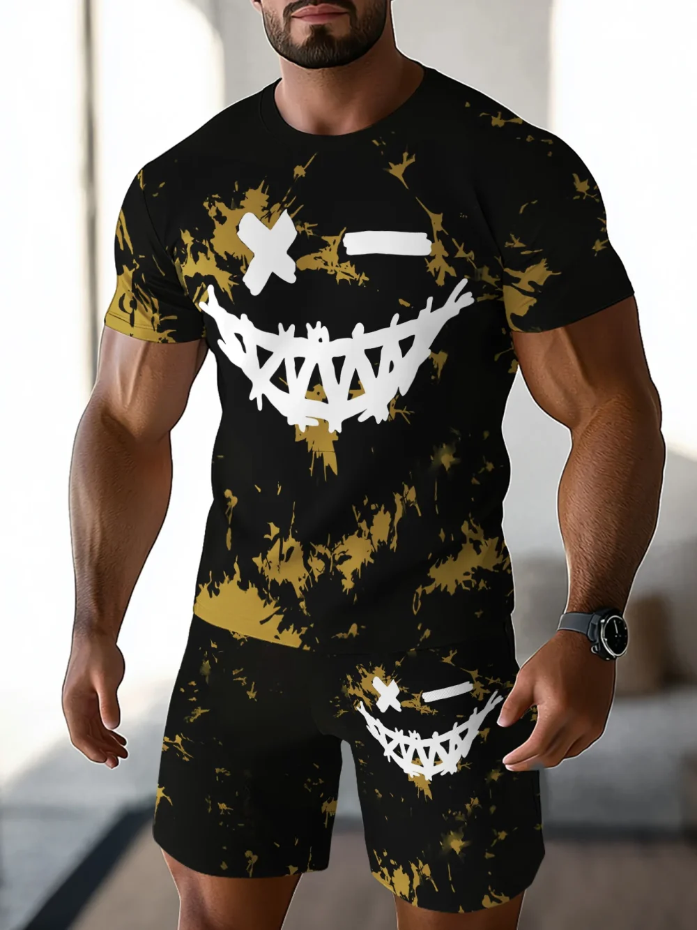 Casual sports suit breathable outdoor casual men's T-shirt five-point pants suit summer 3D printing suit male adult