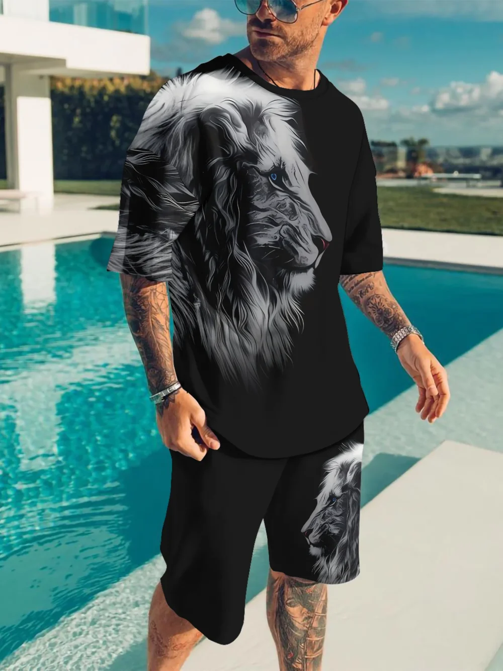 2025 summer new outdoor leisure men's suit street men's short sleeve top lion 3D printed men's suit sports fashion