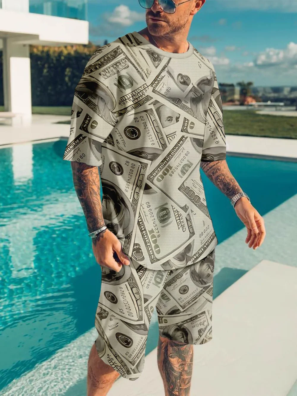 Casual sports suit breathable outdoor leisure men's T-shirt five-point pants suit summer 3D printing suit men's